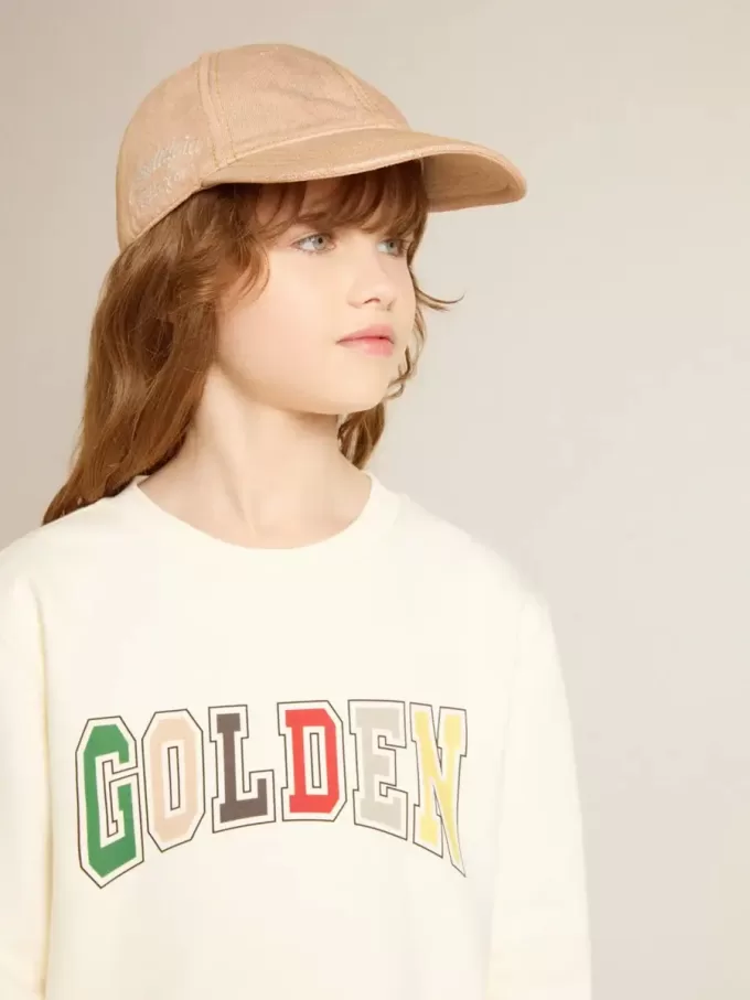 Felpa in bianco invecchiato con scritta multicolore Golden sul davanti