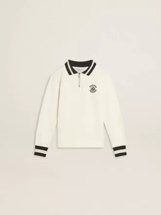 Felpa polo bianca in cotone per bambini con ricamo sul petto e stampa sul retro
