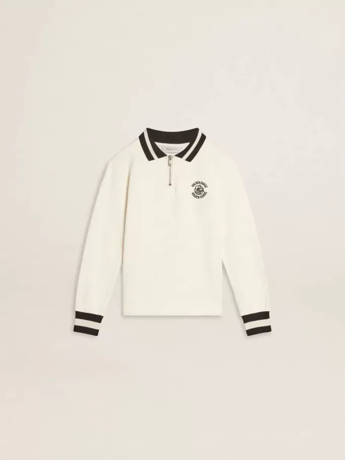 Felpa polo bianca in cotone per bambini con ricamo sul petto e stampa sul retro