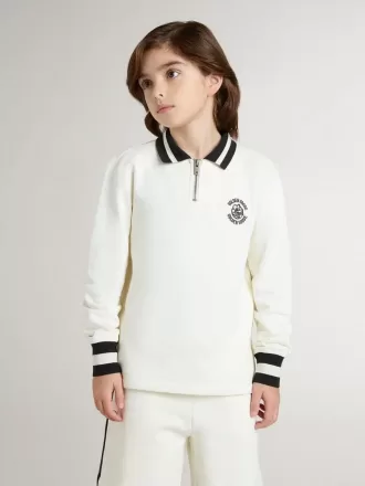 Felpa polo bianca in cotone per bambini con ricamo sul petto e stampa sul retro