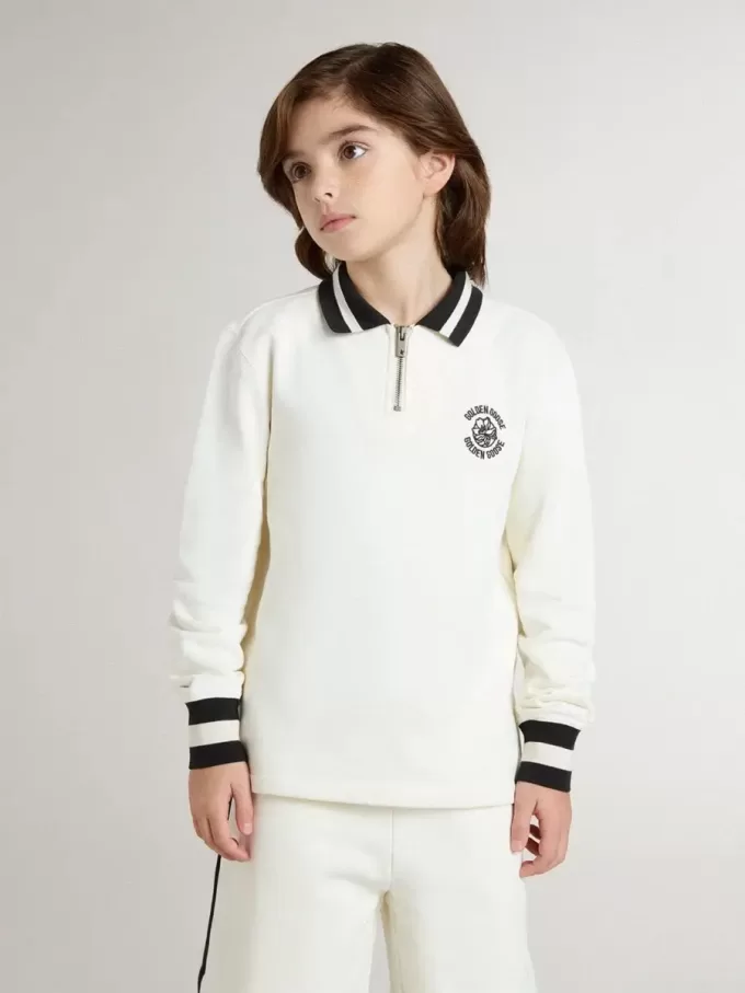 Felpa polo bianca in cotone per bambini con ricamo sul petto e stampa sul retro