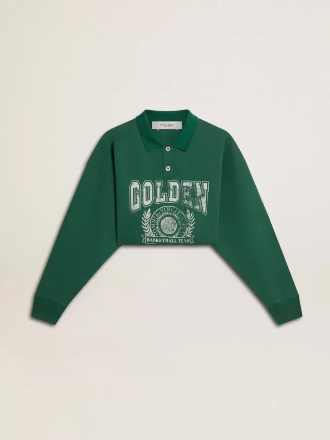 Felpa polo corta da donna verde con stampa