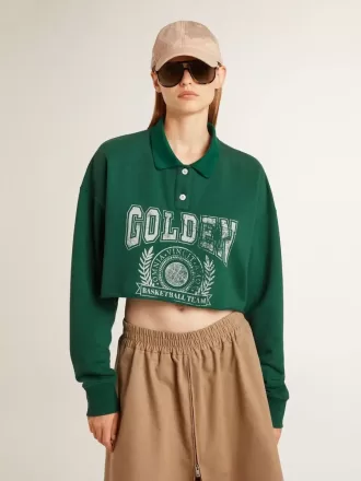 Felpa polo corta da donna verde con stampa