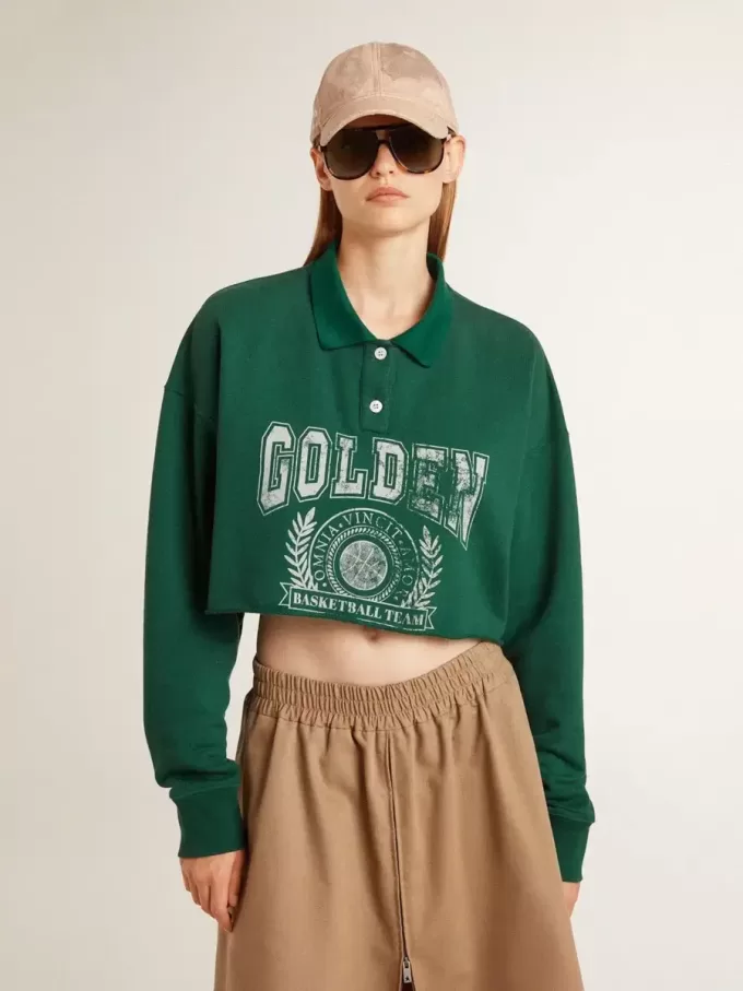 Felpa polo corta da donna verde con stampa