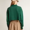 Felpa polo corta da donna verde con stampa