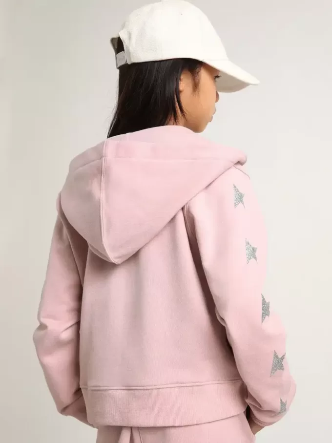 Felpa rosa con cappuccio e stelle glitterate argento Felpa rosa con cappuccio e stelle glitterate argento