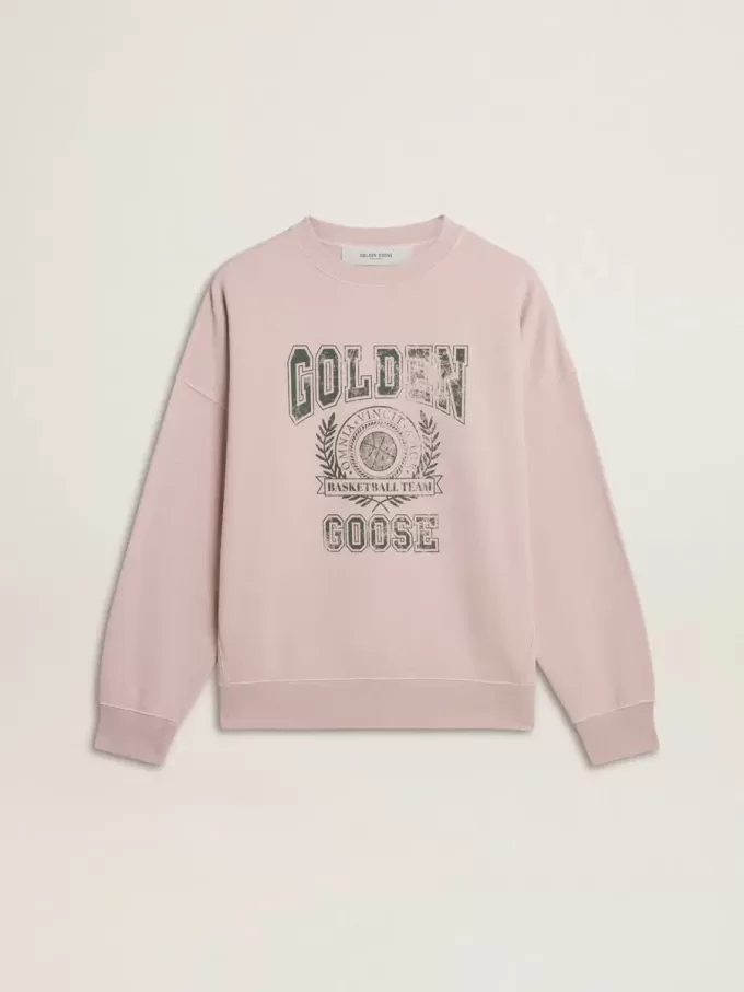 Felpa unisex girocollo color rosa antico con stampa logo verde