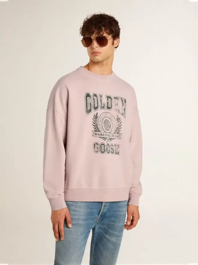 Felpa unisex girocollo color rosa antico con stampa logo verde