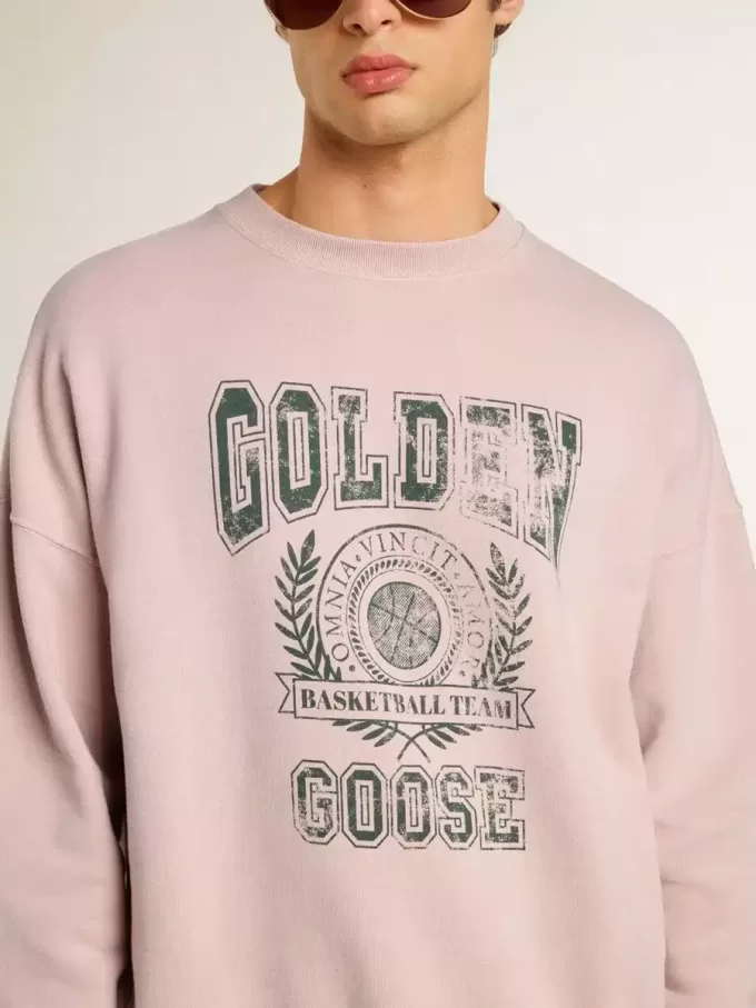 Felpa unisex girocollo color rosa antico con stampa logo verde