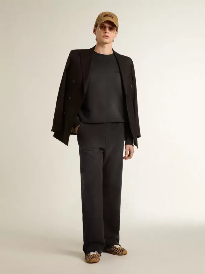 Felpa unisex in cotone nero consumato con ricamo del logo