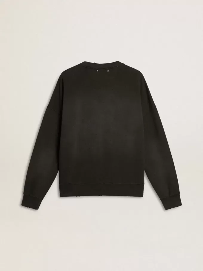 Felpa unisex in cotone nero consumato con ricamo del logo