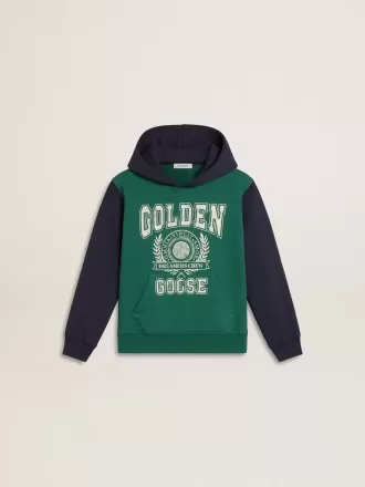 Felpa verde e blu con cappuccio e stampa per bambino
