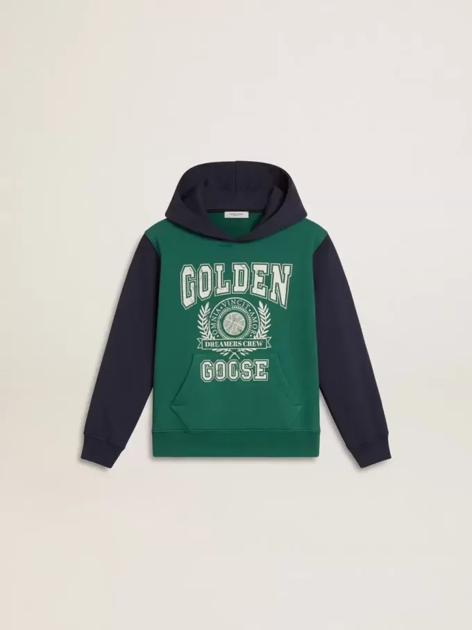Felpa verde e blu con cappuccio e stampa per bambino Felpa verde e blu con cappuccio e stampa per bambino