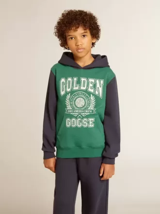 Felpa verde e blu con cappuccio e stampa per bambino