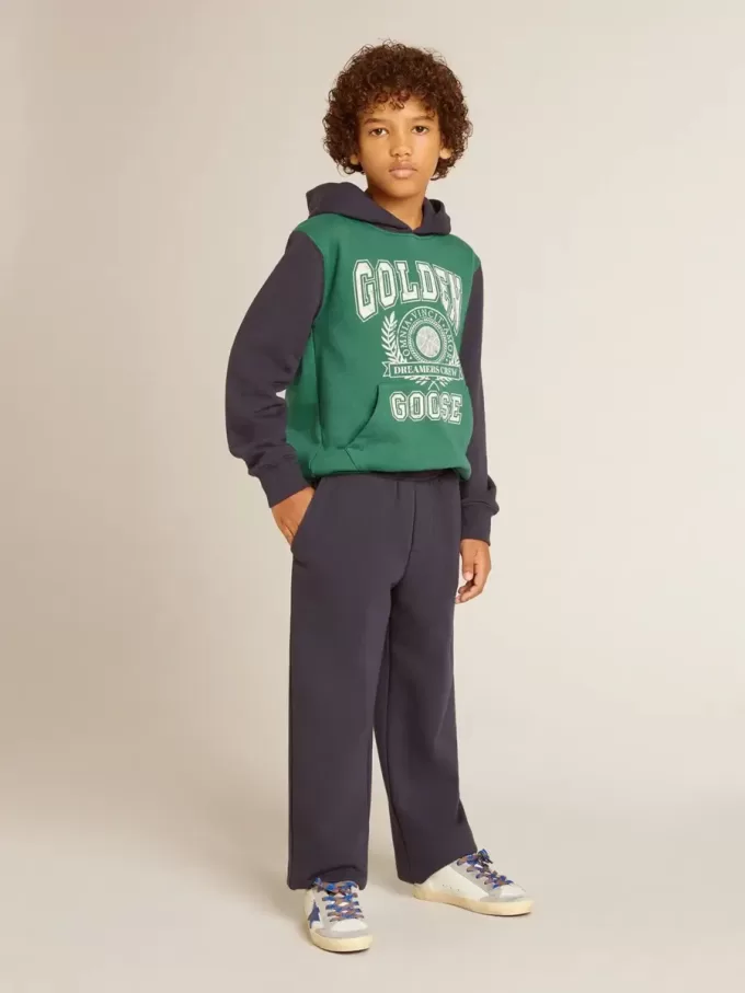 Felpa verde e blu con cappuccio e stampa per bambino Felpa verde e blu con cappuccio e stampa per bambino