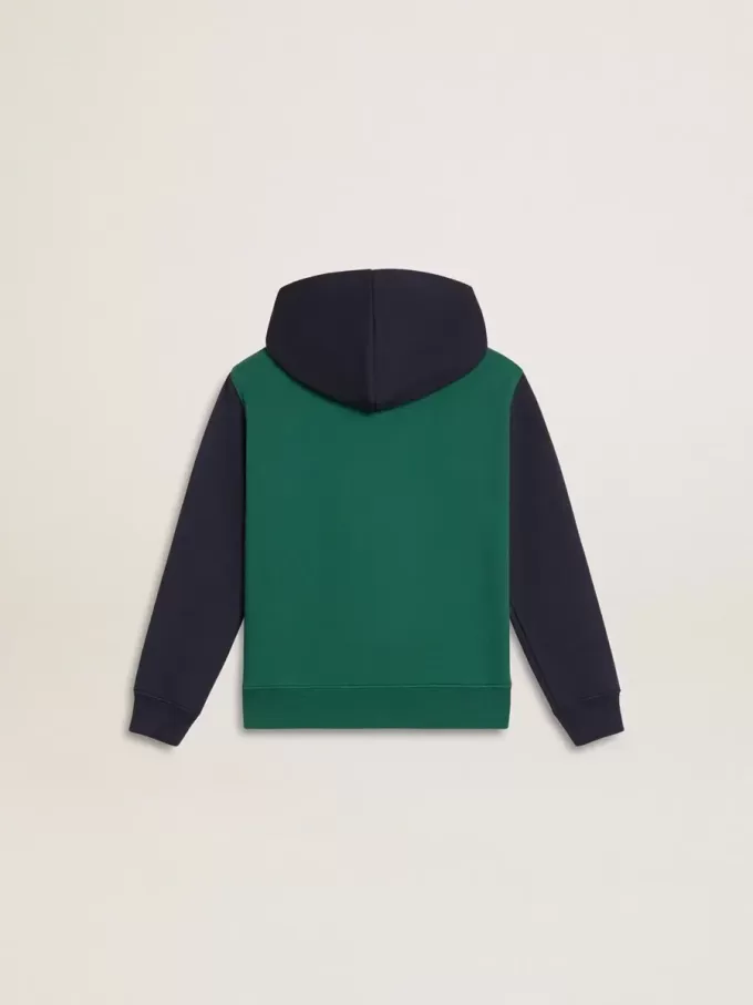 Felpa verde e blu con cappuccio e stampa per bambino Felpa verde e blu con cappuccio e stampa per bambino