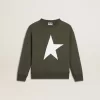 Felpa verde scuro da bambino con maxi stella bianca sul davanti