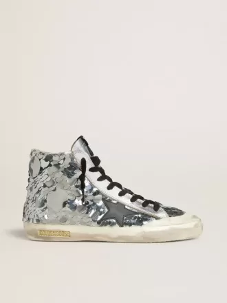 Francy da donna in nylon con paillettes argentate all-over e stella in pelle nera