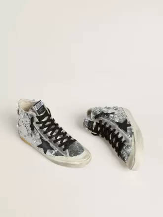 Francy da donna in nylon con paillettes argentate all-over e stella in pelle nera