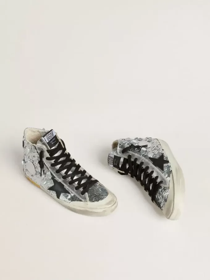 Francy da donna in nylon con paillettes argentate all-over e stella in pelle nera Francy da donna in nylon con paillettes argentate all-over e stella in pelle nera