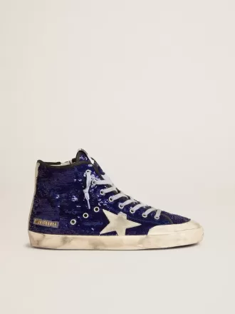 Francy Penstar da uomo in paillettes blu con stella in pelle scamosciata grigio ghiaccio