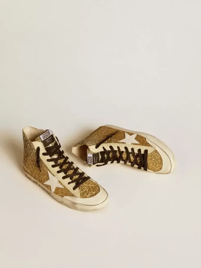 Francy Penstar in glitter oro con stella in pelle bianca Francy Penstar in glitter oro con stella in pelle bianca