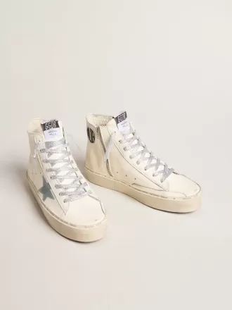 Francy Penstar in pelle nappa bianca con stella in camoscio azzurro polvere