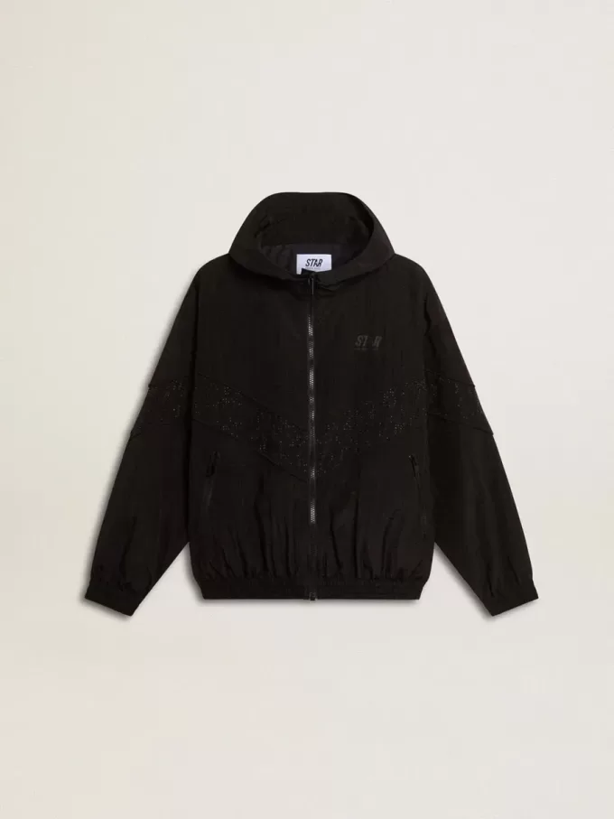 Giacca a vento da donna in nylon nero con cristalli tono su tono Giacca a vento da donna in nylon nero con cristalli tono su tono