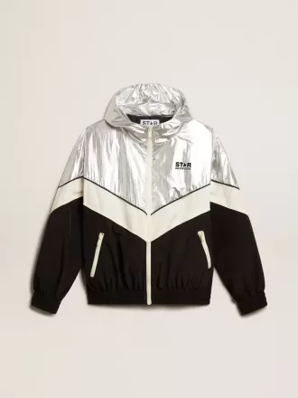 Giacca a vento da donna in tessuto tecnico argento e nero Giacca a vento da donna in tessuto tecnico argento e nero