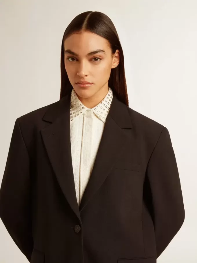 Giacca blazer da donna in misto lana nera Giacca blazer da donna in misto lana nera