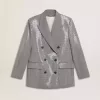 Giacca boyfriend doppiopetto in lana con micro motivo pied-de-poule e paillettes