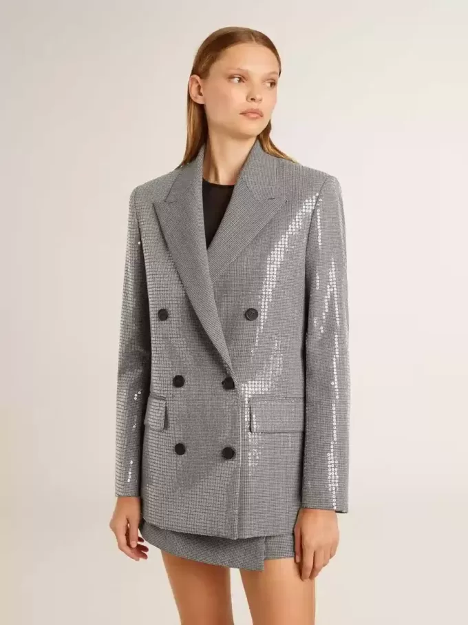 Giacca boyfriend doppiopetto in lana con micro motivo pied-de-poule e paillettes