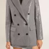 Giacca boyfriend doppiopetto in lana con micro motivo pied-de-poule e paillettes