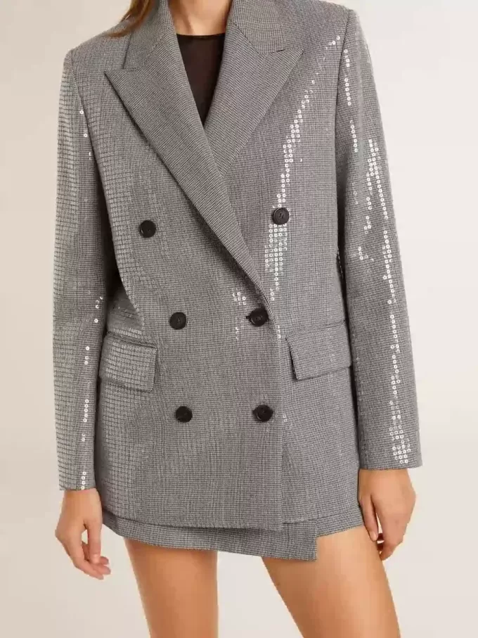 Giacca boyfriend doppiopetto in lana con micro motivo pied-de-poule e paillettes