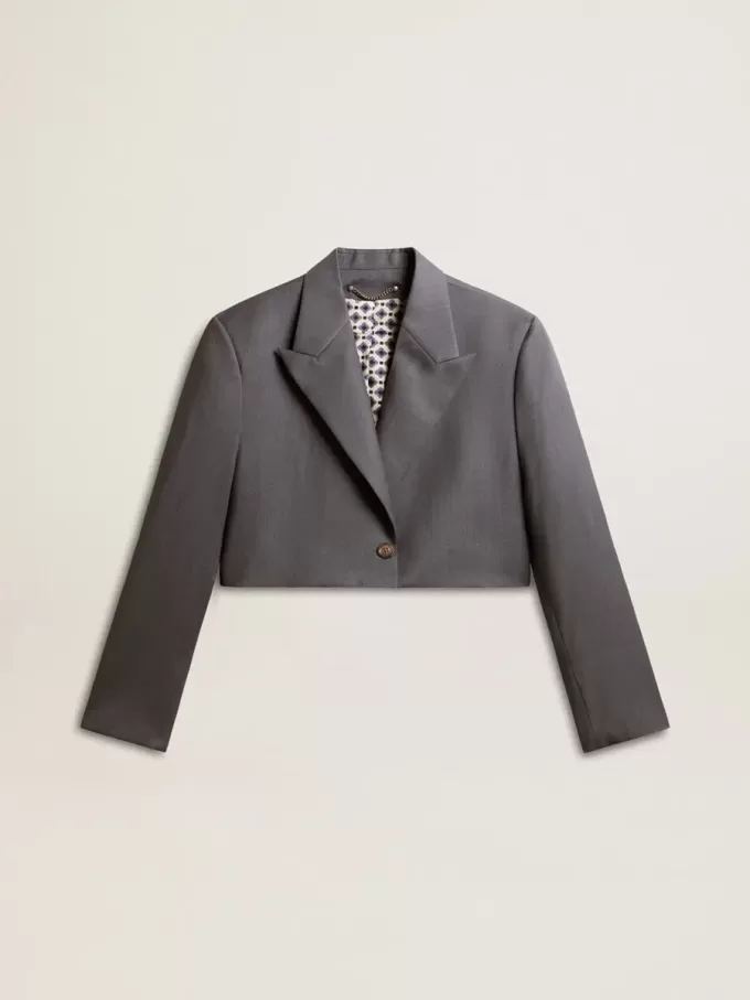 Giacca corta monopetto da donna in lana azzurro baby