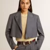 Giacca corta monopetto da donna in lana azzurro baby