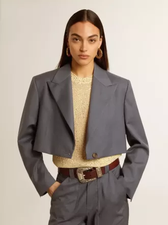Giacca corta monopetto da donna in lana azzurro baby