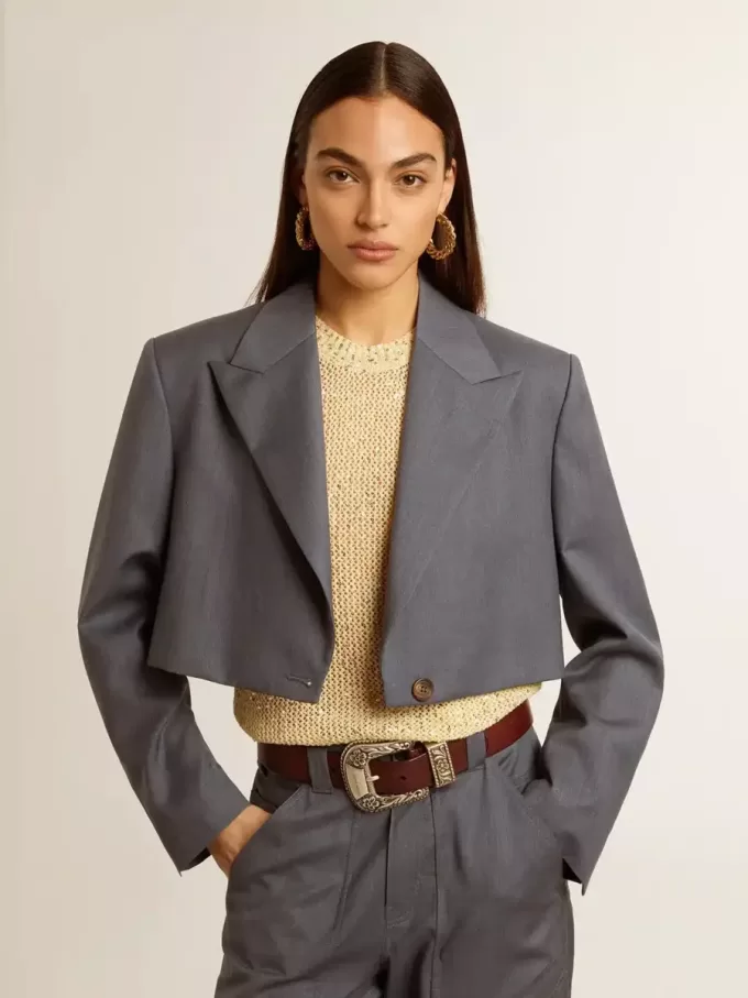 Giacca corta monopetto da donna in lana azzurro baby