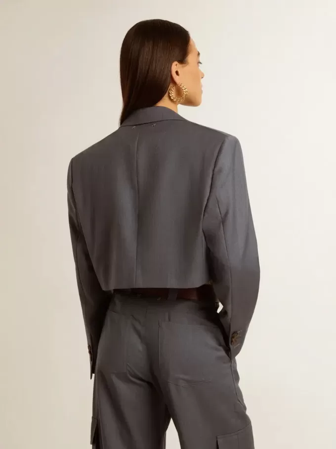 Giacca corta monopetto da donna in lana azzurro baby