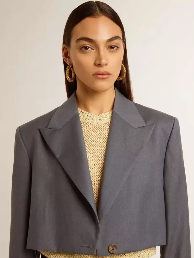 Giacca corta monopetto da donna in lana azzurro baby