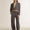 Giacca corta monopetto da donna in lana azzurro baby