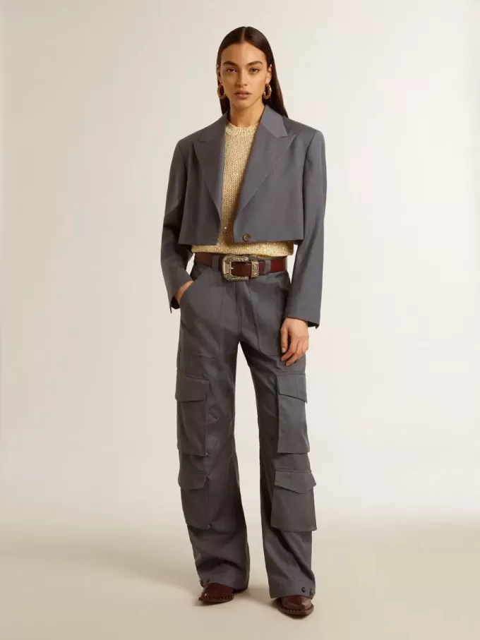 Giacca corta monopetto da donna in lana azzurro baby