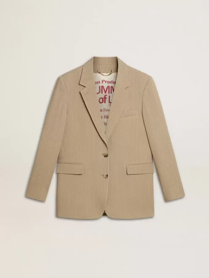 Giacca da donna beige gessata monopetto con vestibilità oversize