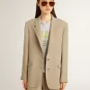 Giacca da donna beige gessata monopetto con vestibilità oversize