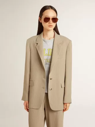 Giacca da donna beige gessata monopetto con vestibilità oversize