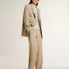 Giacca da donna beige gessata monopetto con vestibilità oversize