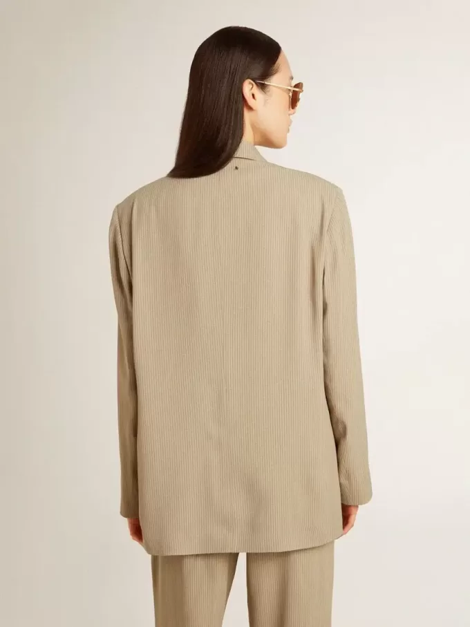 Giacca da donna beige gessata monopetto con vestibilità oversize