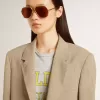 Giacca da donna beige gessata monopetto con vestibilità oversize