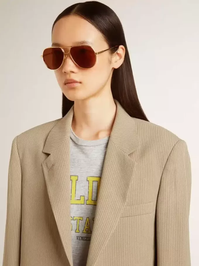 Giacca da donna beige gessata monopetto con vestibilità oversize