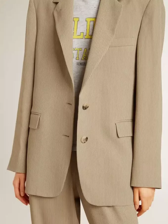 Giacca da donna beige gessata monopetto con vestibilità oversize